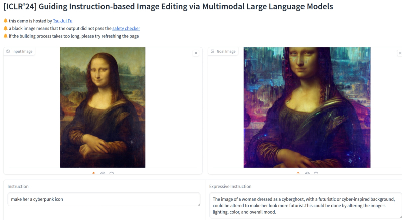  Доступная для онлайн-экспериментов мультимодальная модель MGIE предварительно модифицирует исходную пользовательскую подсказку (в поле Instruction слева внизу), добавляя в неё «выразительности» (результат — в поле Expressive Instruction), и уже этот подкорректированный текст — в комбинации с исходным графическим вводом — применяет для генерации итогового изображения (источник: скриншот сайта Hugging Face) 
