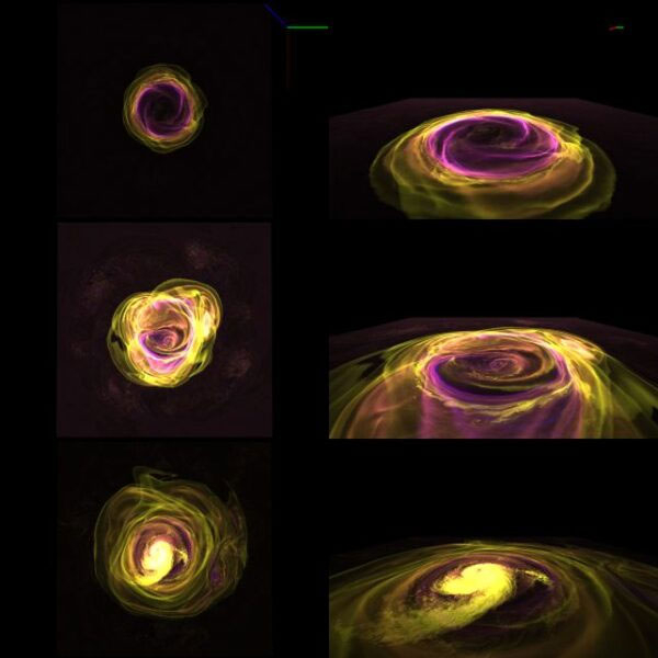  Слева изображения симуляции термоядерного взрыва на нейтронной звезде в 2D, справа — в 3D 