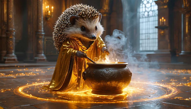  Выдача одной из предрелизных версий SD 3 по подсказке «a realistic anthropomorphic hedgehog in a painted gold robe, standing over a bubbling cauldron, an alchemical circle, steam and haze flowing from the cauldron to the floor, glow from the cauldron, electrical discharges on the floor, Gothic» (источник: Stability AI) 