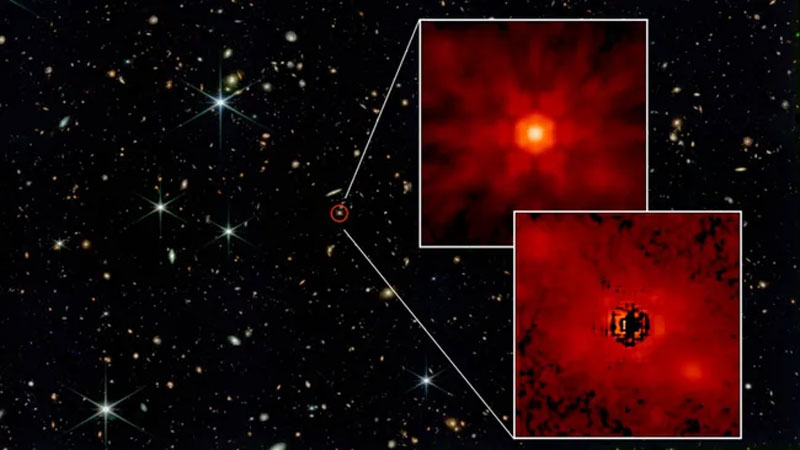  Квазар J0148 со сверхмассивной чёрной дырой в центре галактики. Источник изображения: NASA 