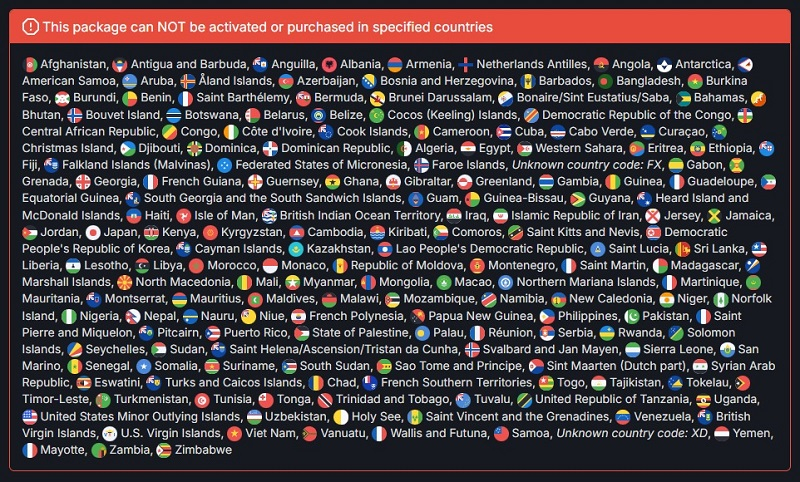  Список стран, где Helldivers 2 из-за ситуации с PSN оказалась недоступна (источник изображения: SteamDB) 