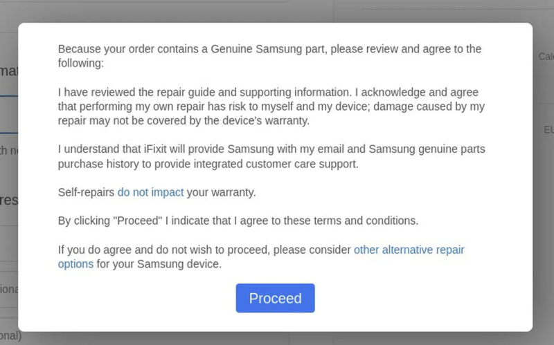  «Я понимаю, что iFixit предоставит Samsung мою электронную почту и историю покупок оригинальных запчастей Samsung для обеспечения комплексной поддержки клиентов». Изображение: iFixit 