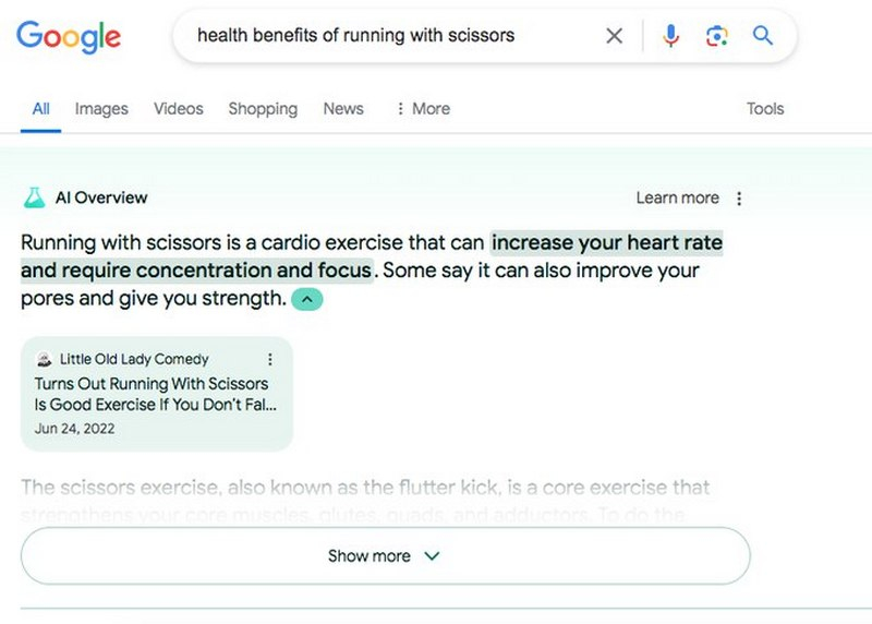  Бег с ножницам вряд ли принесёт пользу для здоровья, но ИИ Google другого мнения 