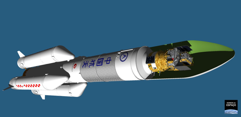  Станция «Чанъэ-6» под головным обтекателем ракеты-носителя «Чанчжэн-5». Графика Джуниора Миранды 