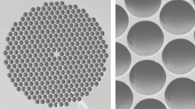  Оптоволокно, сформированное волноводами из фотонных кристаллов диаметром в 4 мкм каждый (источник: Wikimedia Commons) 