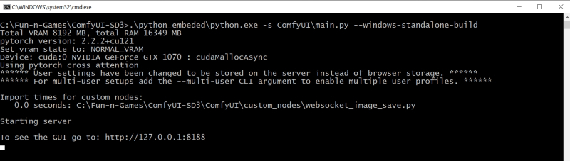  После установки свежей портативной версии ComfyUI и помещения файлов моделей в соответствующие подкаталоги запуск сервера рабочей среды производится двойным щелчком по файлу run_nvidia_gpu.bat 