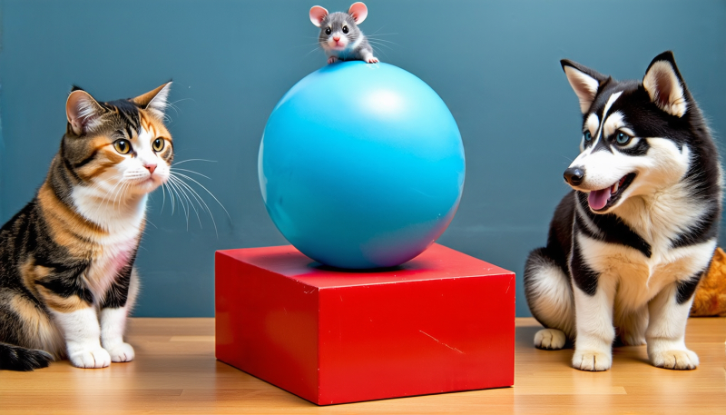  В чём SD3M точно хороша, так это в пространственном позиционировании объектов. Подсказка в данном случае такая: «a blue sphere on top of red cube, a calico cat is sitting to the left of the cube, a husky dog is barking to the right of the cube, a small funny mouse is dancing on top of the sphere» (источник: ИИ-генерация на основе модели SD3M) 