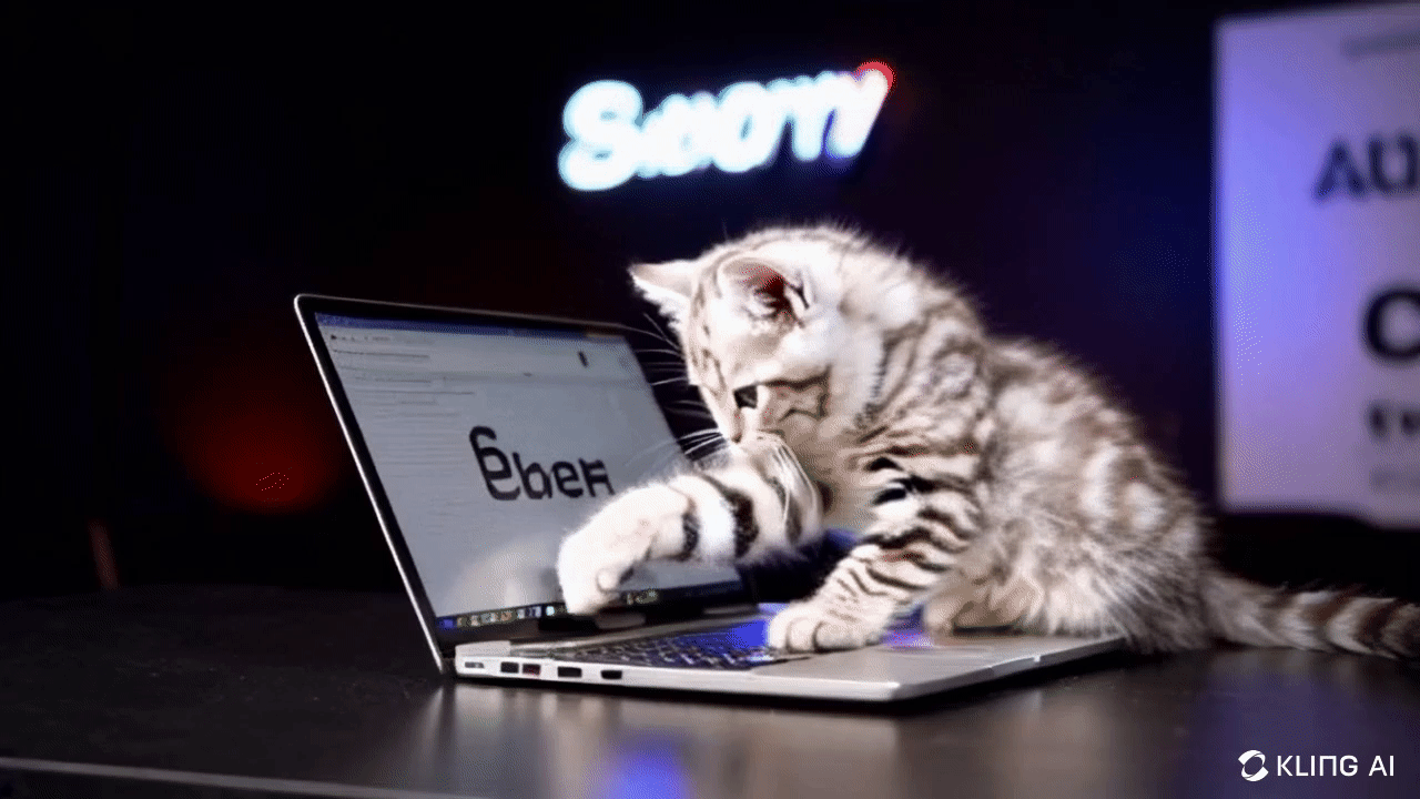  5-секундный видеоролик, полученный на klingai.com по подсказке «fluffy kitten fixing a laptop under a neon sign» (источник: ИИ-генерация на основе модели Kling) 