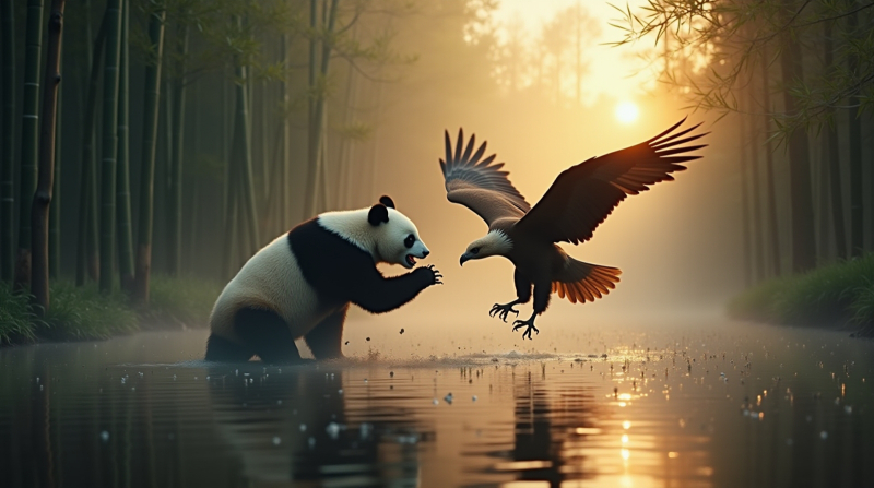  Модель — FLUX.1 [dev] 16 бит, подсказка — «dynamic cinematic screencap of a giant panda and bald eagle fighting near the edge of a tranquil pond in a bamboo forest at dawn, sun is barely starting to peak over the horizon, sunbeams piercing the mist of morning dew, the pond's calm waters reflecting the scene, elaborate atmospheric perspective», продолжительность генерации — 2868 с (источник: ИИ-генерация на основе модели FLUX.1) 