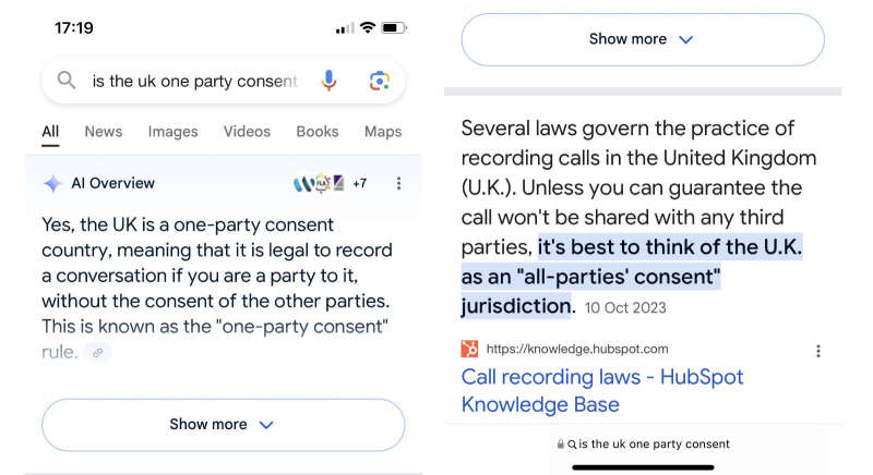  На простой, в общем-то, вопрос — требует ли законодательство Великобритании предварительного согласия всех участников телефонного разговора на его запись, — AI Overviews даже в августе продолжает выдавать некорректный ответ, опровергаемый первой же из приведённых самим поисковиком ссылок (источник: Reddit) 