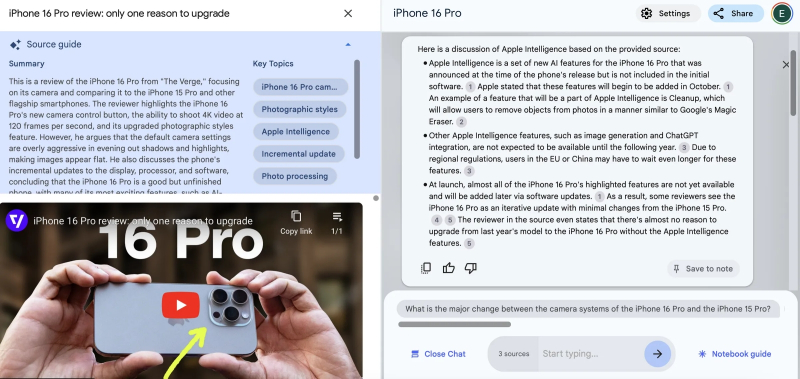  Пример работы обновлённого NotebookLM, анализирующего видеоотчёт о новом iPhone (источник: The Verge) 