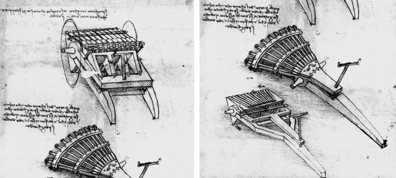  «Пулемёт» да Винчи — два варианта конструкции на одном листе (источник: Wikimedia Commons) 