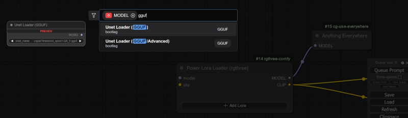  Чтобы загружать UNet в формате GGUF, нужно использовать штатную для новых версий ComfyUI ноду «Unet Loader (GGUF)»: дважды щёлкнув мышью на пустом участке рабочего поля, в открывшемся окне поиска начнём вводить «gguf» — и почти сразу же её увидим. 