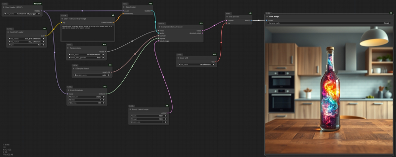  Опорная циклограмма с «галактикой в бутылке» вместе с результатом её исполнения в рабочей среде ComfyUI: здесь уже использована нода «Unet Loader (GGUF)» для загрузки модели flux1-schnell-Q4_K_S.gguf, а все прочие параметры генерации оставлены прежними, — только вот ноды для наглядности расположены не скученно. 