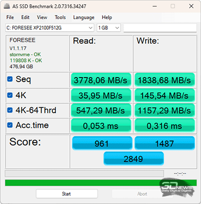  AS SSD Benchmark (от аккумулятора) 