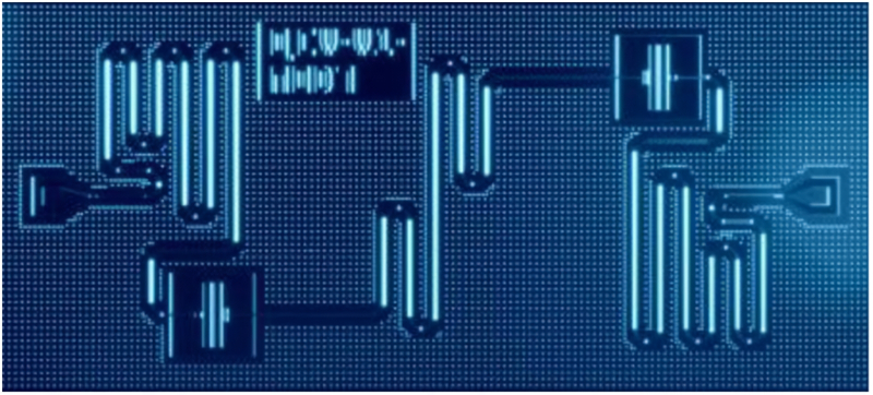  Экспериментальная двухкубитная система, построенная для изучения взаимодействия зарядовых кубитов; сами кубиты — квадратные конструкции с вертикальными линиями (представляющими, собственно, джозефсоновские переходы) слева внизу и справа вверху (источник: IBM) 