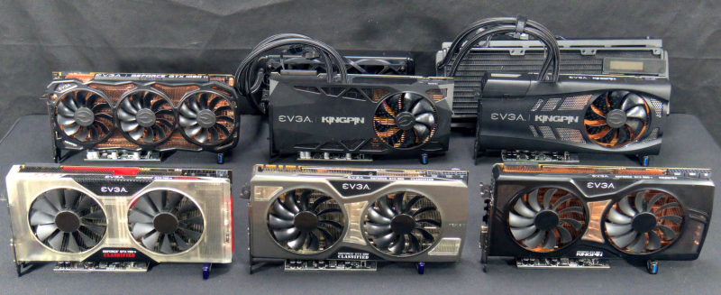  Некоторые модели карт EVGA разных поколений, разработанные Kingpin. Источник изображения: EVGA Forums 