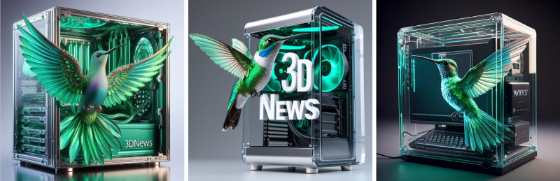 Подсказка: «an emerald hummingbird flapping wings inside a see-through desktop PC case with 