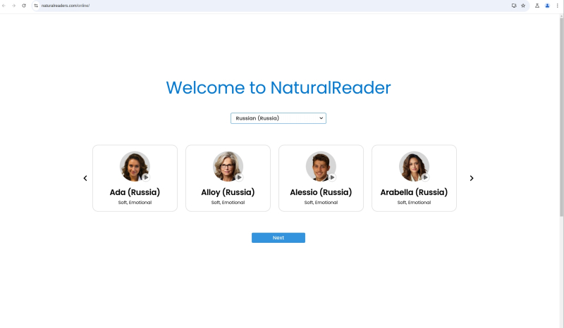  Русскоязычный текст готовы озвучить ИИ-аватары с типичными для страны берёзового ситца именами: ну, скажем, Ада, Аллой (Аллё?), Алессио или Арабелла, — все как один с «мягкими, эмоционально насыщенными» голосами (источник: скриншот сайта NaturalReaders.com) 