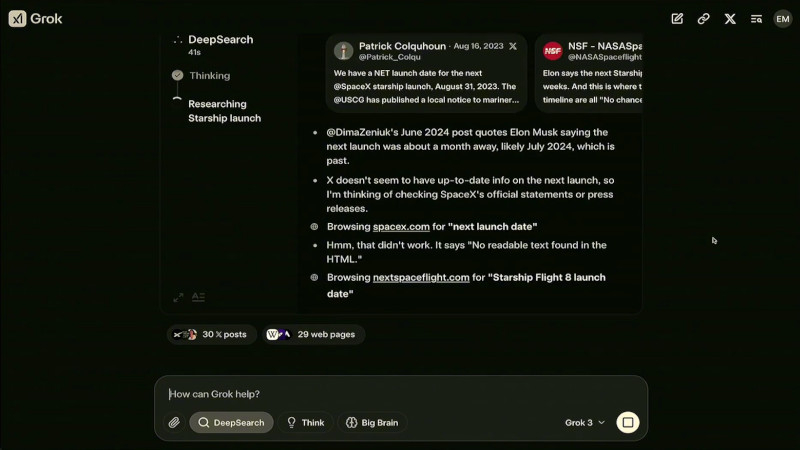  Работа DeepSearch в интерфейсе Grok 3, где система выполняет анализ и поиск актуальной информации о предстоящем запуске Starship от SpaceX 