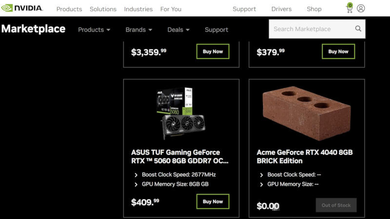 Nvidia начала раздавать кирпичи — в фирменный маркетплейс завезли GeForce RTX 4040 BRICK Edition за $0